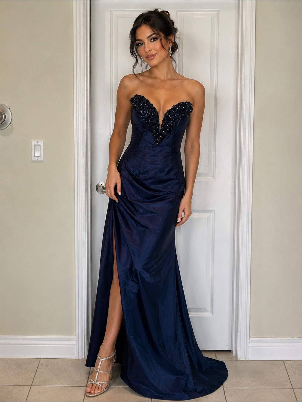 New Strapless Navy Ball Gown Sequin Plunge Neck Formal Dress